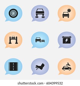 Set Of 9 Editable Transport Icons. Includes Symbols Such As Race, Tire, Treadle And More. Can Be Used For Web, Mobile, UI And Infographic Design.