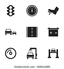 Set Of 9 Editable Transport Icons. Includes Symbols Such As Treadle, Highway, Race And More. Can Be Used For Web, Mobile, UI And Infographic Design.
