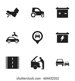 Set Of 9 Editable Transport Icons. Includes Symbols Such As Vehicle Car, Automotive Fix, Car Fixing And More. Can Be Used For Web, Mobile, UI And Infographic Design.