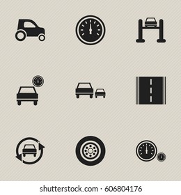 Set Of 9 Editable Transport Icons. Includes Symbols Such As Vehicle Car, Speed Control, Auto Service And More. Can Be Used For Web, Mobile, UI And Infographic Design.