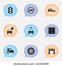Set Of 9 Editable Transport Icons. Includes Symbols Such As Race, Auto Service, Tuning Auto And More. Can Be Used For Web, Mobile, UI And Infographic Design.
