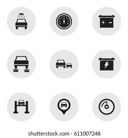 Set Of 9 Editable Transport Icons. Includes Symbols Such As Accumulator, Battery, Auto Service And More. Can Be Used For Web, Mobile, UI And Infographic Design.