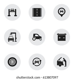 Set Of 9 Editable Transport Icons. Includes Symbols Such As Pointer, Auto Service, Vehicle Wash And More. Can Be Used For Web, Mobile, UI And Infographic Design.