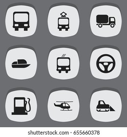 Set Of 9 Editable Transport Icons. Includes Symbols Such As Yacht, Cable Railway, Fuel And More. Can Be Used For Web, Mobile, UI And Infographic Design.