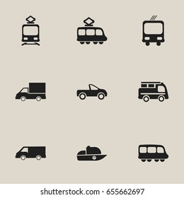 Set Of 9 Editable Transport Icons. Includes Symbols Such As Streetcar, Tramcar, Camion And More. Can Be Used For Web, Mobile, UI And Infographic Design.