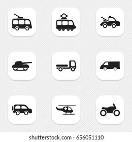 Set Of 9 Editable Transport Icons. Includes Symbols Such As Van, Auto, Streetcar And More. Can Be Used For Web, Mobile, UI And Infographic Design.