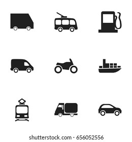 Set Of 9 Editable Transport Icons. Includes Symbols Such As Tramcar, Motorbike, Ship And More. Can Be Used For Web, Mobile, UI And Infographic Design.