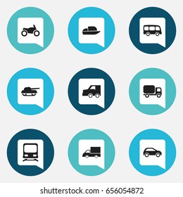 Set Of 9 Editable Transport Icons. Includes Symbols Such As Yacht, Wagon, Weapon And More. Can Be Used For Web, Mobile, UI And Infographic Design.