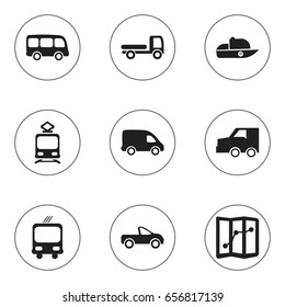Set Of 9 Editable Transport Icons. Includes Symbols Such As Tramcar, Drophead Coupe, Navigation And More. Can Be Used For Web, Mobile, UI And Infographic Design.