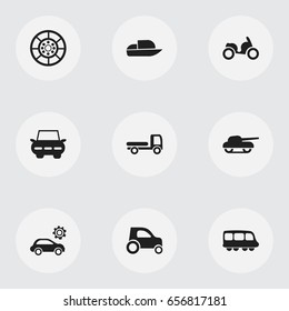 Set Of 9 Editable Transport Icons. Includes Symbols Such As Weapon, Part Of Car, Garage And More. Can Be Used For Web, Mobile, UI And Infographic Design.