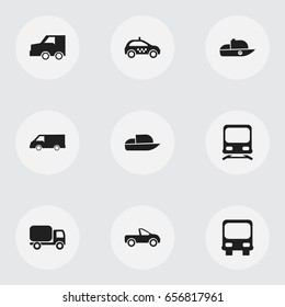 Set Of 9 Editable Transport Icons. Includes Symbols Such As Wagon, Drophead Coupe, Vessel And More. Can Be Used For Web, Mobile, UI And Infographic Design.