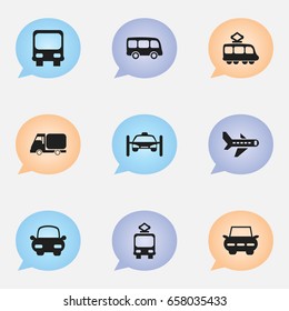 Set Of 9 Editable Transport Icons. Includes Symbols Such As Airplane, Truck, Cable Railway And More. Can Be Used For Web, Mobile, UI And Infographic Design.