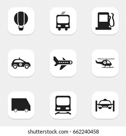 Set Of 9 Editable Transport Icons. Includes Symbols Such As Airship, Food Transport, Fuel And More. Can Be Used For Web, Mobile, UI And Infographic Design.