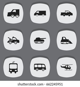 Set Of 9 Editable Transport Icons. Includes Symbols Such As Auto, Tractor, Emergency Copter And More. Can Be Used For Web, Mobile, UI And Infographic Design.