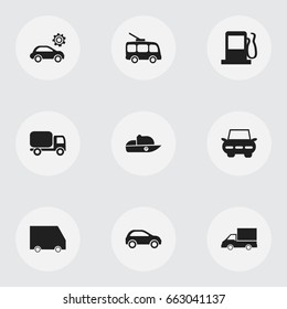 Set Of 9 Editable Transport Icons. Includes Symbols Such As City Drive, Omnibus, Automobile And More. Can Be Used For Web, Mobile, UI And Infographic Design.