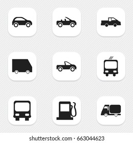 Set Of 9 Editable Transport Icons. Includes Symbols Such As Carriage, Transportation, Fuel And More. Can Be Used For Web, Mobile, UI And Infographic Design.