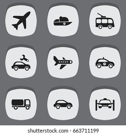 Set Of 9 Editable Transport Icons. Includes Symbols Such As Airplane, Car Vehicle, Sheriff And More. Can Be Used For Web, Mobile, UI And Infographic Design.