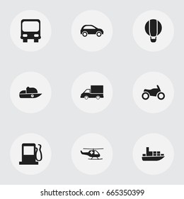 Set Of 9 Editable Transport Icons. Includes Symbols Such As Hatchback, Ship, Autobus And More. Can Be Used For Web, Mobile, UI And Infographic Design.