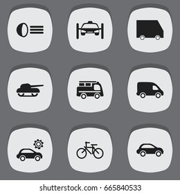 Set Of 9 Editable Transport Icons. Includes Symbols Such As Cycle, Weapon, Car Vehicle And More. Can Be Used For Web, Mobile, UI And Infographic Design.