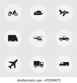 Set Of 9 Editable Transport Icons. Includes Symbols Such As Food Transport, Van, Helicopter And More. Can Be Used For Web, Mobile, UI And Infographic Design.