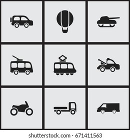 Set Of 9 Editable Transport Icons. Includes Symbols Such As Auto, Airship, Haulage And More. Can Be Used For Web, Mobile, UI And Infographic Design.