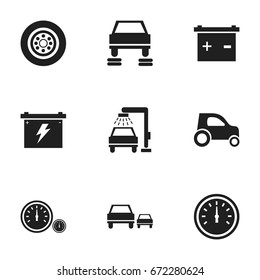 Set Of 9 Editable Transport Icons. Includes Symbols Such As Speedometer, Tire, Battery And More. Can Be Used For Web, Mobile, UI And Infographic Design.
