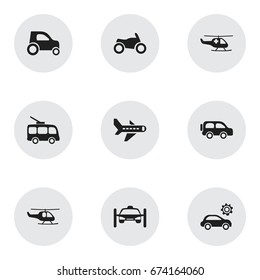 Set Of 9 Editable Transport Icons. Includes Symbols Such As Emergency Copter, Omnibus, Garage And More. Can Be Used For Web, Mobile, UI And Infographic Design.