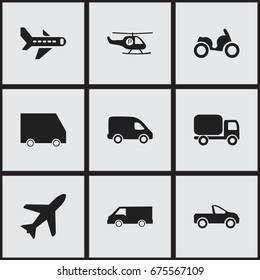 Set Of 9 Editable Transport Icons. Includes Symbols Such As Helicopter, Service Car, Aircraft And More. Can Be Used For Web, Mobile, UI And Infographic Design.