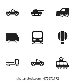 Set Of 9 Editable Transport Icons. Includes Symbols Such As Airship, Weapon, Suv And More. Can Be Used For Web, Mobile, UI And Infographic Design.