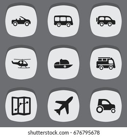 Set Of 9 Editable Transport Icons. Includes Symbols Such As Carriage, Vessel, Tour Bus And More. Can Be Used For Web, Mobile, UI And Infographic Design.