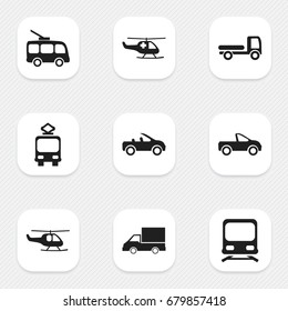 Set Of 9 Editable Transport Icons. Includes Symbols Such As Haulage, Omnibus, Camion And More. Can Be Used For Web, Mobile, UI And Infographic Design.