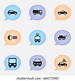 Set Of 9 Editable Transport Icons. Includes Symbols Such As City Drive, Repairing, Carriage And More. Can Be Used For Web, Mobile, UI And Infographic Design.