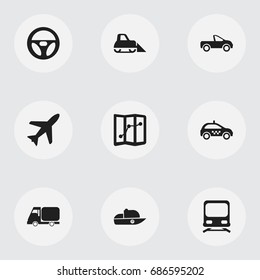 Set Of 9 Editable Transport Icons. Includes Symbols Such As Truck, Vessel, Tractor And More. Can Be Used For Web, Mobile, UI And Infographic Design.