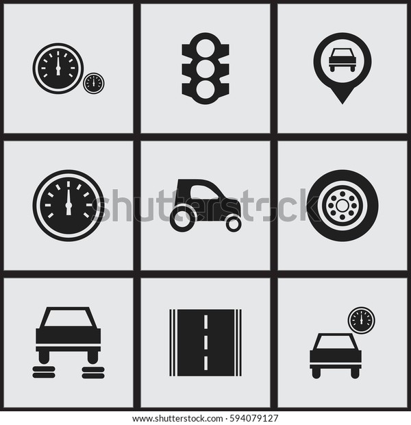 Set Of 9 Editable Transport Icons.\
Includes Symbols Such As Stoplight, Pointer, Tire And More. Can Be\
Used For Web, Mobile, UI And Infographic\
Design.