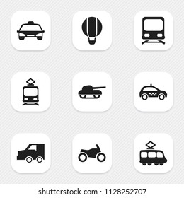 Set of 9 editable transportation icons. Includes symbols such as taxi, tank, metro and more. Can be used for web, mobile, UI and infographic design.