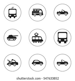 Set Of 9 Editable Transportation Icons. Includes Symbols Such As Pickup Truck, Carriage, Auto And More. Can Be Used For Web, Mobile, UI And Infographic Design.