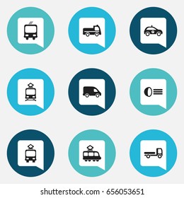 Set Of 9 Editable Transportation Icons. Includes Symbols Such As Tramcar, Streetcar, Haulage And More. Can Be Used For Web, Mobile, UI And Infographic Design.