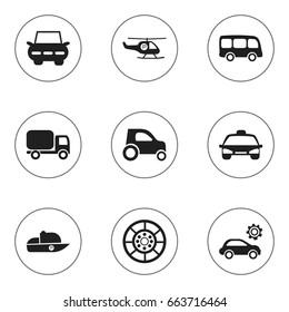 Set Of 9 Editable Transportation Icons. Includes Symbols Such As City Drive, Vessel, Part Of Car And More. Can Be Used For Web, Mobile, UI And Infographic Design.