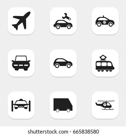 Set Of 9 Editable Transportation Icons. Includes Symbols Such As Hatchback, Sheriff, Aircraft And More. Can Be Used For Web, Mobile, UI And Infographic Design.