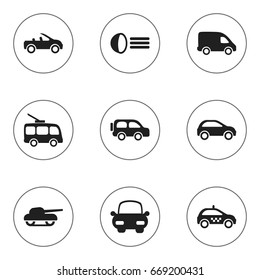 Set Of 9 Editable Transportation Icons. Includes Symbols Such As Delivery, Carriage, Omnibus And More. Can Be Used For Web, Mobile, UI And Infographic Design.