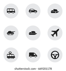 Set Of 9 Editable Transportation Icons. Includes Symbols Such As Hatchback, Weapon, Tour Bus And More. Can Be Used For Web, Mobile, UI And Infographic Design.