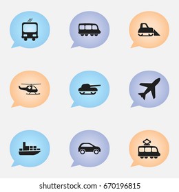 Set Of 9 Editable Transportation Icons. Includes Symbols Such As Hatchback, Weapon, Aircraft And More. Can Be Used For Web, Mobile, UI And Infographic Design.