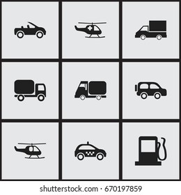 Set Of 9 Editable Transportation Icons. Includes Symbols Such As Fuel, Service Car, Emergency Copter And More. Can Be Used For Web, Mobile, UI And Infographic Design.