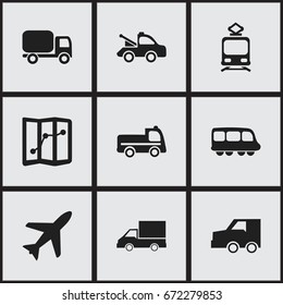 Set Of 9 Editable Transportation Icons. Includes Symbols Such As Service Car, Camion, Auto And More. Can Be Used For Web, Mobile, UI And Infographic Design.
