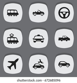Set Of 9 Editable Transportation Icons. Includes Symbols Such As Taxi, Repairing, Motorbus And More. Can Be Used For Web, Mobile, UI And Infographic Design.
