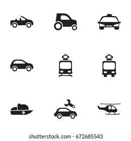 Satz von 9 bearbeitbaren Transport-Icons. Enthält Symbole wie Straßenbahn, Schiff, Heckklappe und mehr. Kann für Web-, Mobile-, UI- und Infografik-Design verwendet werden.