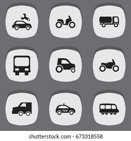 Set Of 9 Editable Transportation Icons. Includes Symbols Such As Motorbus, Part Of Car, Suv And More. Can Be Used For Web, Mobile, UI And Infographic Design.