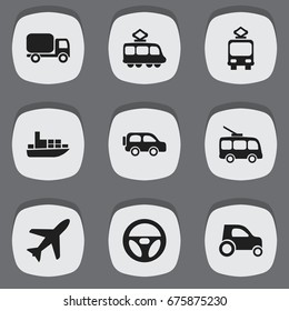 Set Of 9 Editable Transportation Icons. Includes Symbols Such As Part Of Car, Ship, Cable Railway And More. Can Be Used For Web, Mobile, UI And Infographic Design.
