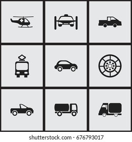 Set Of 9 Editable Transportation Icons. Includes Symbols Such As Washing Auto, Drophead Coupe, Emergency Copter And More. Can Be Used For Web, Mobile, UI And Infographic Design.
