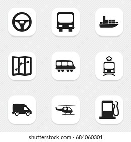 Set Of 9 Editable Transportation Icons. Includes Symbols Such As Motorbus, Ship, Tramcar And More. Can Be Used For Web, Mobile, UI And Infographic Design.